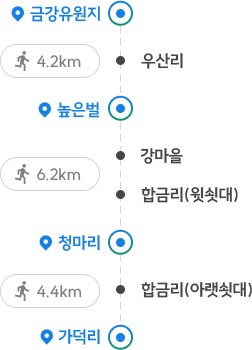 향수녹색여행 코스안내 이미지입니다. 출발 - 금강유원지 - 우산리(걸어서 4.2km) - 높은벌 - 강마을(걸어서 6.2km) - 합금리(윗쇳대) - 청마리 - 합금리(아랫쇳대)(걸어서 4.4km) - 가덕리 - 도착 순서로 안내합니다.